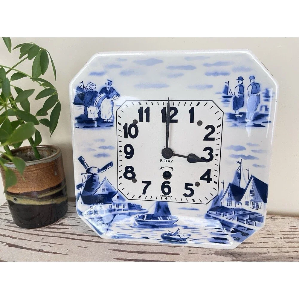 Antique 1920's German Blue Delft 10 Day RARE Wall Plate Clock No Key Untested